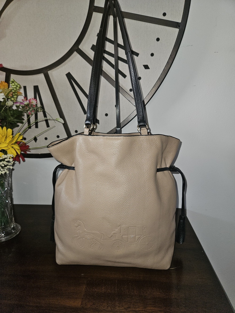 Women's Beige Tote Bag with Black Straps